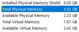 total physical memory less than installed